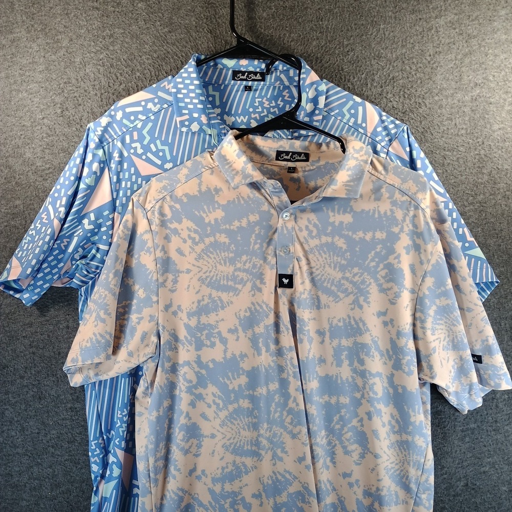 Lot of 2 Bad Birdie Golf Polos Mens L Geometric Short Sleeve Colorful Stretch